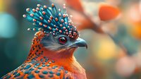 Colorful crested bird with vibrant orange plumage, blue spiky crown feathers, and spotted pattern. Wildlife and nature photography for educational, decorative, and design purposes.