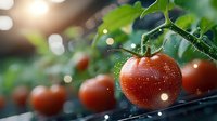 Fresh ripe tomato with water drops on vine against blurred garden background, natural organic produce growing in greenhouse with bokeh lights.