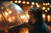 Curious tabby cat under transparent umbrella with raindrops during evening rain, bokeh lights creating magical atmosphere, cozy autumn mood for greeting cards.