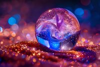 Magical crystal sphere with swirling purple and blue colors inside on glittering surface against dark background with dreamy bokeh lights creating mystical atmosphere.