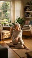 Mature Caucasian woman practicing meditation in cozy living room with natural sunlight, houseplants and comfortable furniture for wellness and mindfulness.