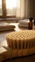 Dry body brush with natural bristles on wooden surface in warm spa setting with towels and essential oil bottle in background.
