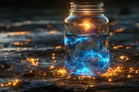 Magical glowing jar with ethereal blue light and sparkles against dark background with golden bokeh effects, perfect for fantasy or spiritual designs.