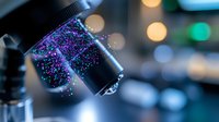 Glowing purple particles swirling in glass container with bokeh light effects in background create magical scientific atmosphere for research laboratory concept.