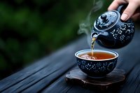 Pouring hot tea from ornate teapot into decorative cup on wooden surface with steam rising, suitable for beverage, wellness, and lifestyle content.