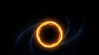 Black hole with glowing orange accretion disk and swirling matter against starry space background for astronomy and science fiction concepts.