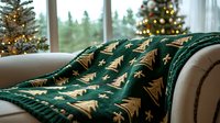 Cozy Christmas throw blanket with golden star pattern draped over beige sofa in festive living room with decorated tree and warm holiday lighting.