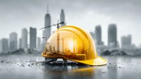 Yellow hard hat with construction crane and urban skyline background representing building industry safety and development projects.