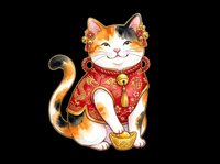 Cute lucky cat wearing red traditional robe with gold coins and bell ornaments, isolated on transparent background. Ready for t-shirt design, stickers, clipart, print-on-demand products and sublimation projects.