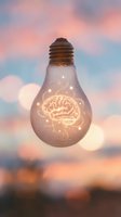 Glowing light bulb with illuminated brain filament against soft sunset sky with bokeh lights, representing creativity, innovation, and intelligent ideas for business concepts.