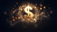Golden dollar sign glowing with magical light effects and sparkling particles on dark background for finance and wealth concepts.