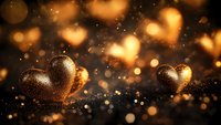 Golden glittery hearts on dark background with magical bokeh lights and sparkles, romantic Valentine's Day concept for greeting cards and festive designs.