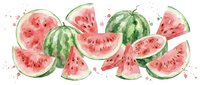 Fresh watermelon slices and whole fruits with seeds in watercolor style on white background, perfect for summer designs and healthy food concepts.
