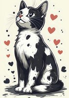Adorable black and white kitten sitting with red hearts floating around, cute pet illustration for Valentine's Day cards and romantic designs.