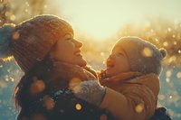 Asian mother and child laughing together outdoors in winter sunlight with falling snow, wearing warm knit hats and winter clothing, creating joyful moment.
