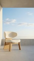 Cream upholstered chair with wooden frame positioned on modern terrace overlooking serene sky, showcasing contemporary furniture design and minimalist interior styling.