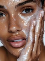 Close up of African American woman washing face with foam cleanser, showing glowing skin and natural makeup during skincare routine for beauty and wellness concept.