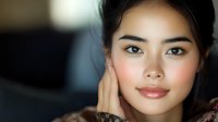 Young Asian woman with natural makeup and glowing skin touching face gently against dark background, expressing beauty and skincare concept.