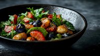 Fresh Mediterranean salad with roasted potatoes, cherry tomatoes, black olives and green herbs served in rustic ceramic bowl on dark background.