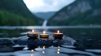 Glowing tea light candles on wet stone by tranquil mountain lake at dusk, creating peaceful atmosphere with reflections on water surface. Perfect for wellness concepts.