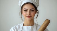 Young female chef in white uniform and hat holding wooden rolling pin against neutral background for culinary branding and cooking content.