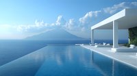 Luxurious infinity pool overlooking ocean and mountain landscape with modern white architecture terrace, featuring clean minimalist design and seamless horizon views.
