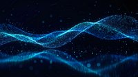 Abstract blue digital wave with glowing particles on dark background for technology and data visualization concepts.