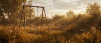 Abandoned wooden swing set in overgrown field during golden hour sunset with warm atmospheric lighting and nostalgic countryside mood.
