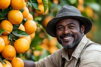 African American farmer smiling warmly next to ripe orange trees in orchard, wearing casual hat and work clothes, representing sustainable agriculture and local farming.
