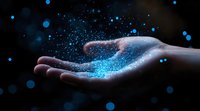 Magical glowing blue particles floating above open palm against dark background, creating ethereal atmosphere with sparkles and light effects.