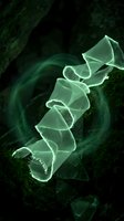 Translucent marine organism with segmented tubular body glowing in bioluminescent green against dark ocean background, suitable for scientific illustration and educational content.