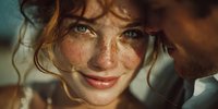 Young woman with freckles and curly hair smiling warmly in golden sunlight creating intimate portrait with natural beauty and authentic emotion.
