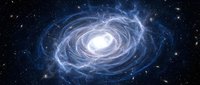 Spiral galaxy with glowing blue and white energy streams swirling around bright central core against starry space background for astronomy and science concepts.