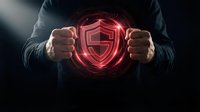 Businessman in dark suit holding glowing red shield symbol, representing cybersecurity protection, data safety, and digital defense for technology and business concepts.