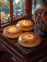 Traditional mooncakes with ornate floral patterns displayed on wooden carved table near window, golden pastry with decorative designs glowing in warm light.