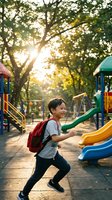 Happy Asian elementary school boy with red backpack running at colorful playground during golden hour sunset with trees and equipment in background.