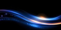 Dynamic glowing blue and orange light waves flow across dark background with luminous particles and smooth curved lines creating modern abstract design.