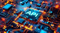 Glowing API text on computer circuit board with orange and blue neon lights, electronic components and microchips creating futuristic technology background.