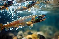 Underwater view of wild salmon swimming upstream in crystal clear water with sunlight creating sparkling bokeh effects and rocky riverbed below.