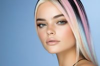 Young Caucasian woman with pastel pink and blonde hair, natural makeup, and blue eyes poses against blue background. Professional beauty portrait showing modern hair coloring trends.