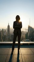 Confident businesswoman in suit standing on rooftop terrace overlooking city skyline at sunrise, arms crossed, professional success and leadership concept.