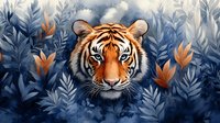 Bengal tiger face close up portrait with intense gaze among blue tropical leaves and orange flowers, artistic wildlife illustration in watercolor style.