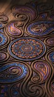 Intricate mandala and paisley patterns carved in wood with blue and purple accents creating ornate decorative surface for spiritual and artistic projects.