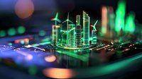Glowing green city model with wind turbines on electronic circuit board background featuring modern skyscrapers and renewable energy concept in futuristic style.