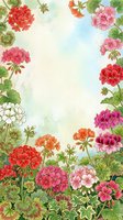 Watercolor geranium flowers frame with colorful blooms and green leaves on soft textured background for spring garden designs and floral decorations.