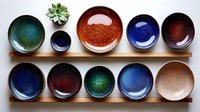 Artisanal ceramic bowls in vibrant glazes of blue, green, and copper arranged on wooden shelves, with small succulent plant adding natural accent. Modern pottery display.