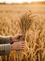 Farmer holding bundle of golden wheat stalks in harvested field during autumn season, showcasing agricultural success and grain production for farming and harvest themes.