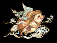 Cute hedgehog with ornamental wings and swirling clouds, isolated on transparent background. Ready for t-shirt design, stickers, clipart, sublimation, print-on-demand products and digital crafts.