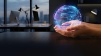 Hands holding glowing digital globe with circuit patterns, representing global technology, data networks, and digital innovation in modern business environment.