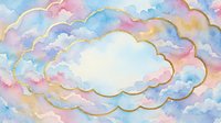 Watercolor pastel clouds with gold outlines creating dreamy sky background for nursery decor, greeting cards, and artistic projects with soft rainbow hues.